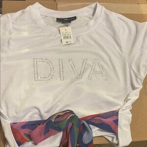 Diva White Tee with Multicolor attached multicolor Scarf Accent